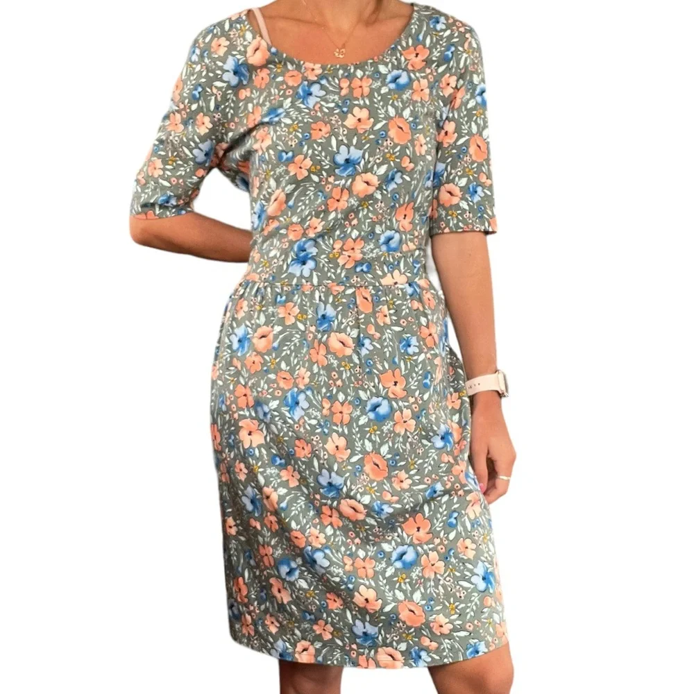 Lands’ End Womens Medium Gray Blue Orange Floral Short Sleeve Midi T-shirt Dress - Picture 15 of 16